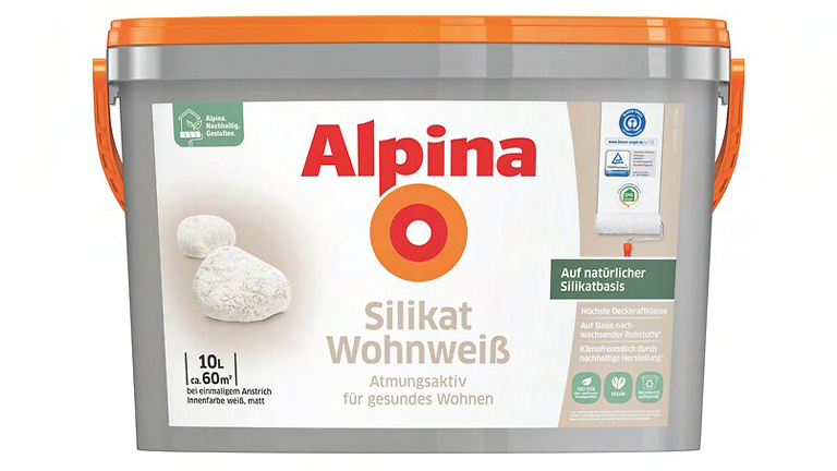 grauer Eimer mit weißem Logo des Alpina Silikat Wohnweiß